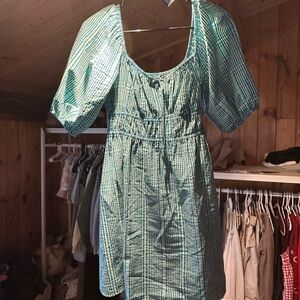 Rails Teal Checkered Puff Sleeve Mini Dress